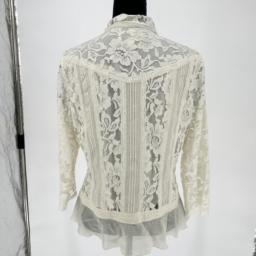 Coldwater Creek Ivory Lace Feminine Boho Button Up Blouse 3/4 Sleeve Women's M - Picture 5 of 6
